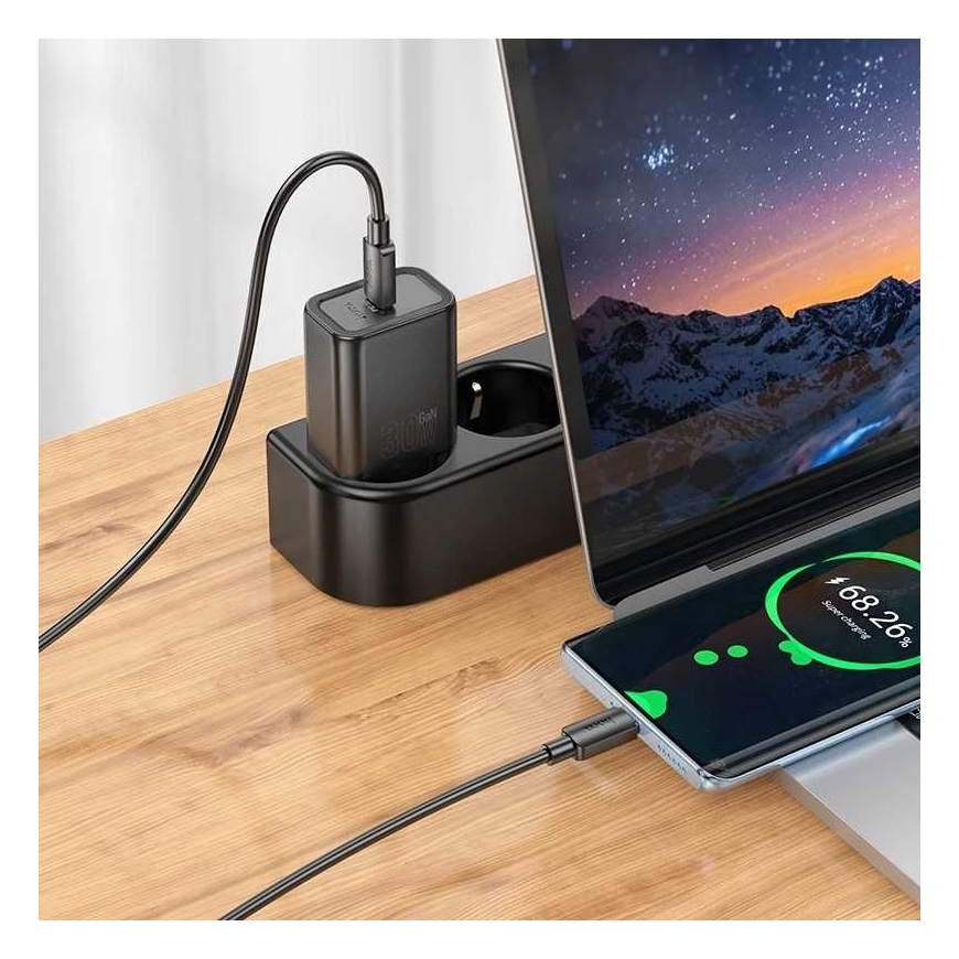 Hoco N62 30W GaN USB-C lādētājs + USB-C uz USB-C kabelis 1.0m melns – 4