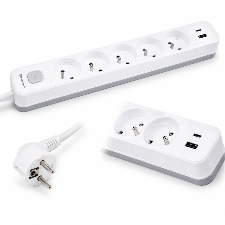 TRACER Grid 5S Mobile Ready pikendus (5 pistikut, lüliti, 1x USB A + 1x Type C, max 20W, valge&hall)