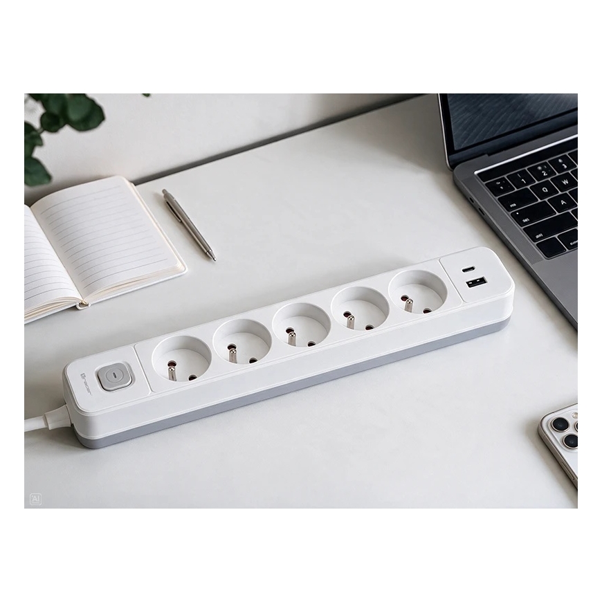 TRACER Grid 5S Mobile Ready pikendus (5 pistikut, lüliti, 1x USB A + 1x Type C, max 20W, valge&hall) – 3