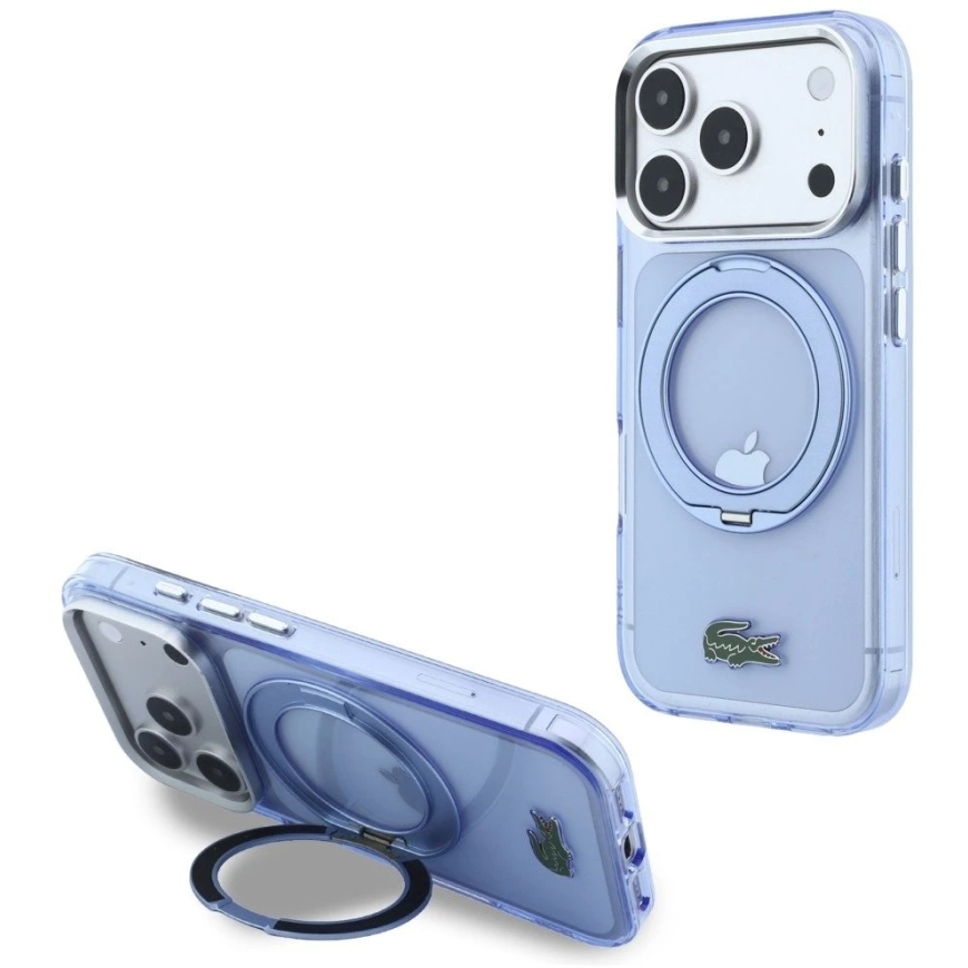 Lacoste IML korpuss ar spīdīgu virsmu un riņķa statīvu MagSafe, paredzēts iPhone 18 Pro Max / 17 Pro Max / zils