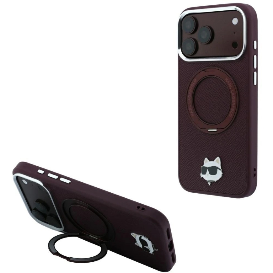 Karl Lagerfeld -kotelolla 360° renkaalla-seis Choupette Head Pin MagSafe iPhone 18 Pro / 17 Pro:lle, burgundin värinen