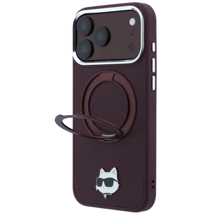 Karl Lagerfeld maciņš ar 360° gredzenu-stendu Choupette Head Pin MagSafe, paredzēts iPhone 18 Pro / 17 Pro, bordo krāsā – 3