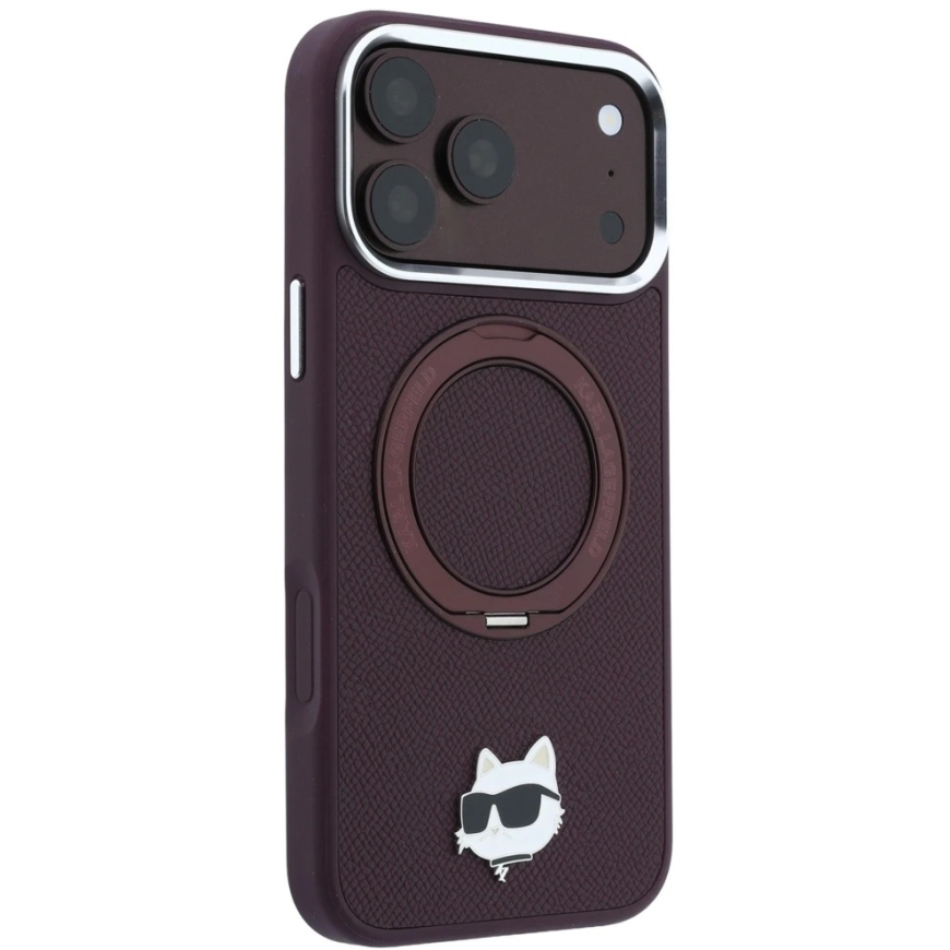 Karl Lagerfeld Case with 360° Ring-Stand Choupette Head Pin MagSafe for iPhone 18 Pro / 17 Pro, burgundy color – 5