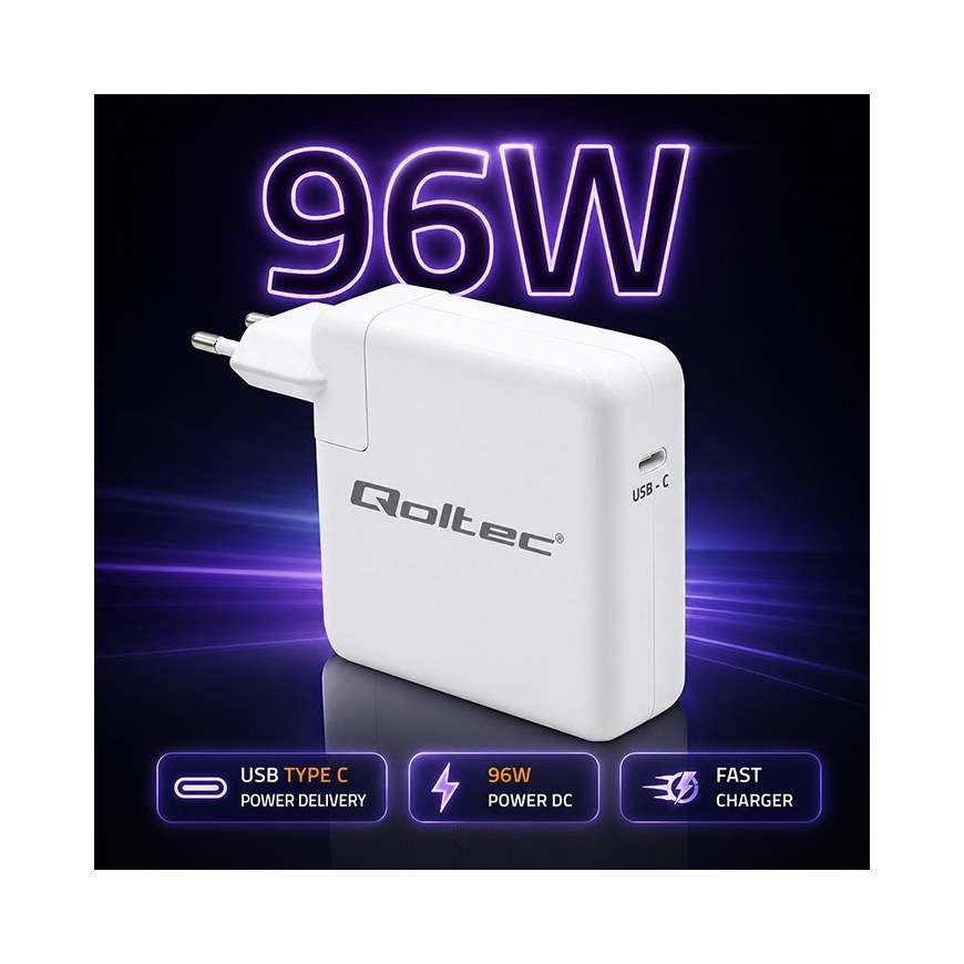 Qoltec 51783 PD 96W laadija | 5-20V | 3-4.8A | USB-C – 2