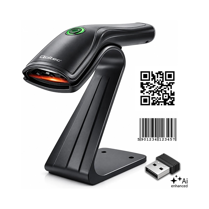 Qoltec Precision Wireless Barcode Scanner Reader 1D 2D + Scanner Stand | QR | EAN | USB
