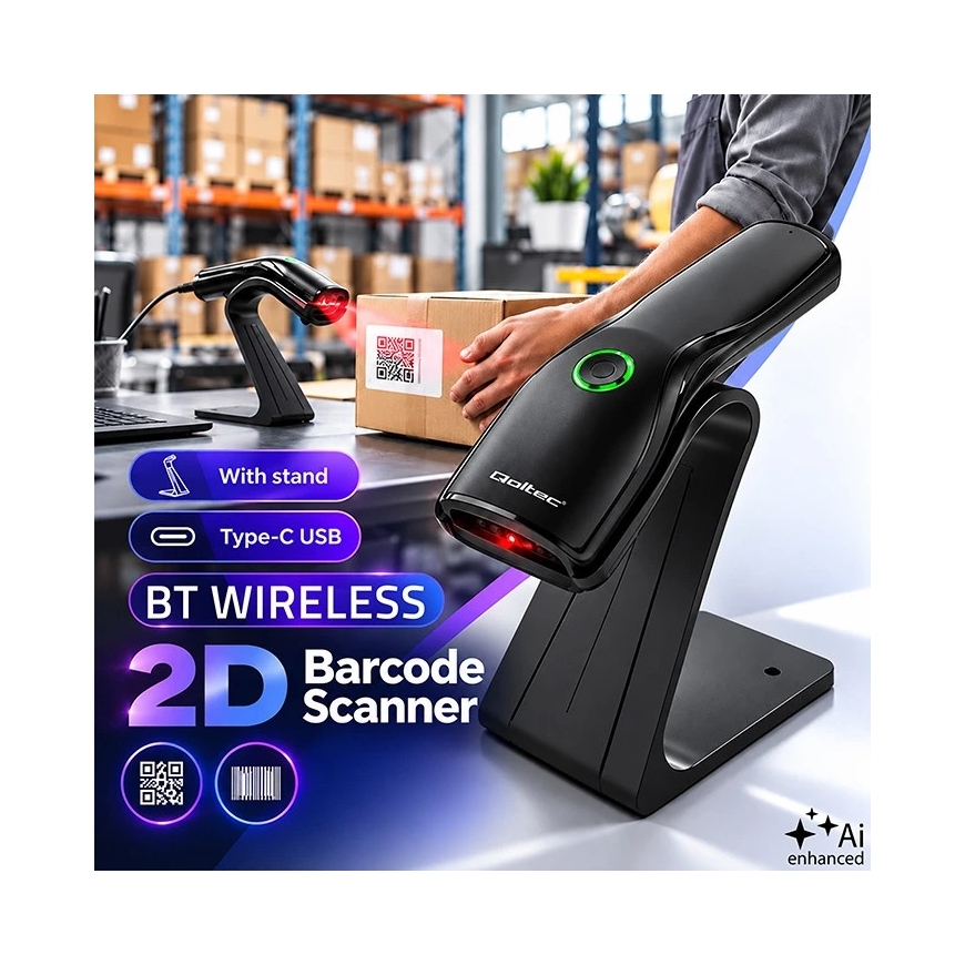 Qoltec Precīzs bezvadu svītrkodu skeneris 1D 2D + skenera statīvs | QR | EAN | USB – 2