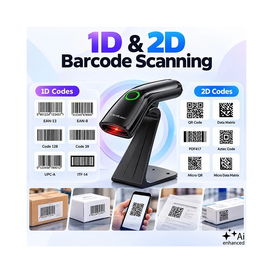 Qoltec Täpne traadita baarikoodiskanner 1D 2D + skanneri alus | QR | EAN | USB – 3