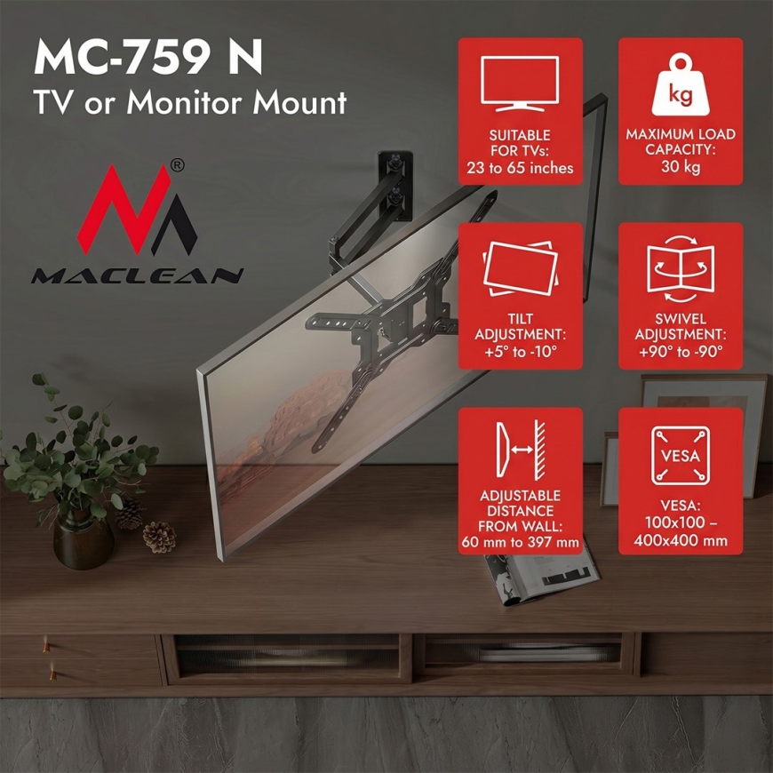 Maclean televiisori või monitori seinakinnitus / Bracket, max. 23–65", max. kandevõime 30 kg, universaalne, max. VESA 400x400, M – 5
