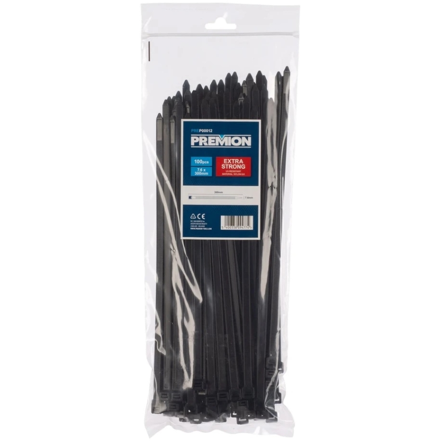 Premion PREP00012 - Black Cable Ties, 7.6 x 300 mm, 100 pcs