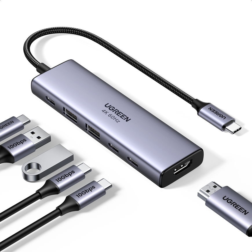 Ugreen USB-C Hub 6-in-1 HDMI - 2x USB-A 3.2 - 2x USB-C 3.2 - PD Docking Dock Grey