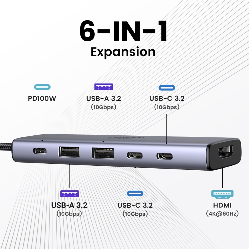 Ugreen USB-C Hub 6-in-1 HDMI - 2x USB-A 3.2 - 2x USB-C 3.2 - PD Telakointi Telakka Harmaa – 3