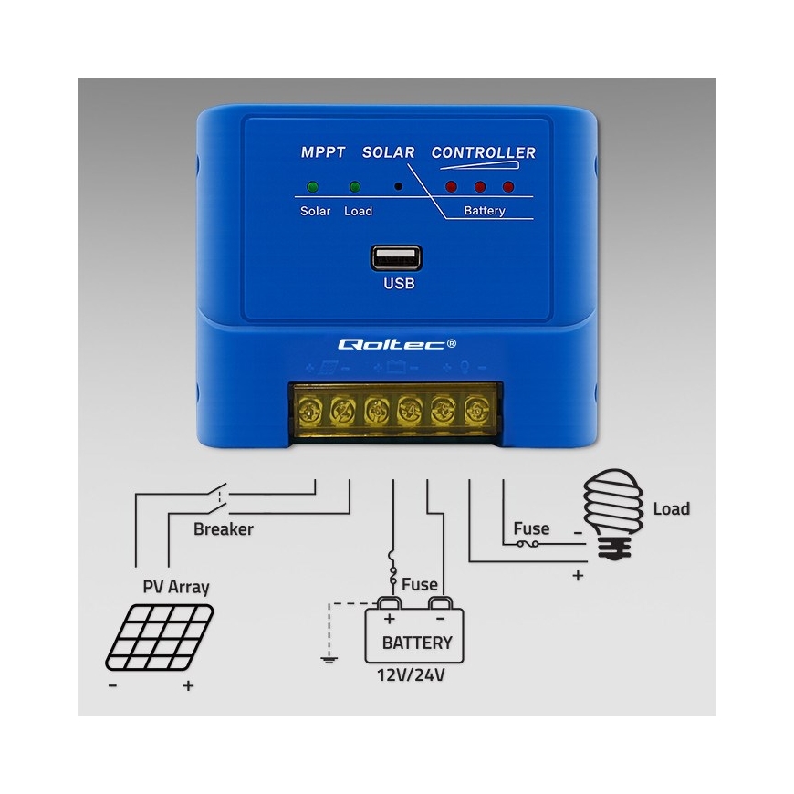 Qoltec 53671 Solar charge controller MPPT 15A for powering DC consumers and charging batteries 12V / 24V | LiFePO4 – 3