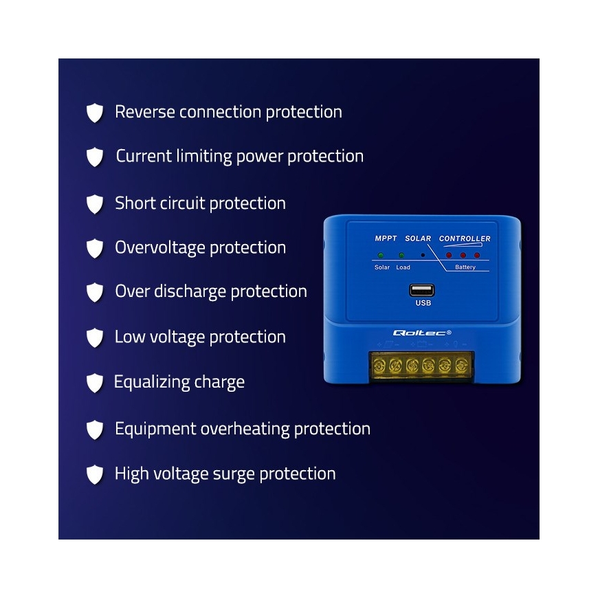 Qoltec 53671 Solar MPPT 15A laadimiskontroller DC tarbijate toitmiseks ja akude laadimiseks 12V / 24V | LiFePO4 – 5