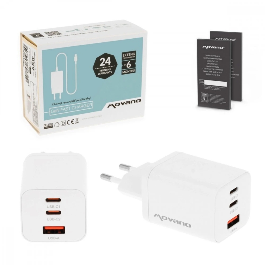 Movano GaN 65W -laturi 2x USB-C PD + USB-A (valkoinen)
