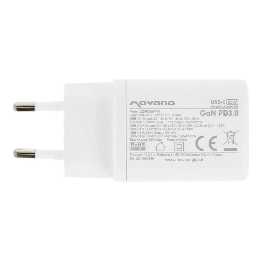 Зарядное устройство Movano GaN 65W 2x USB-C PD + USB-A (белый) – 3