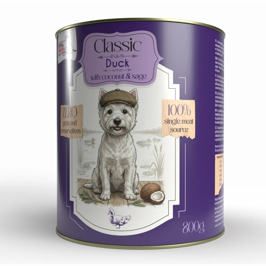 SYTA MICHA Classic Mono Duck kookospähkinällä - märkä koiranruoka - 800g