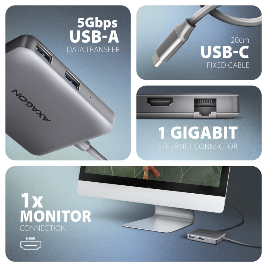 Axagon N HMC-5HL USB 5Gbps hub 2x USB-A HDMI 4k/60Hz RJ-45 GLAN PD 100W kabel USB-C – 3