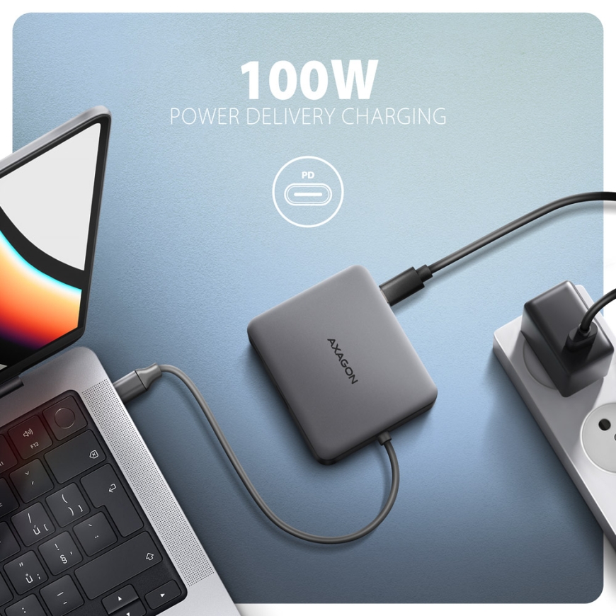 Axagon N HMC-5HL USB 5Gbps hub 2x USB-A HDMI 4k/60Hz RJ-45 GLAN PD 100W kabel USB-C – 4