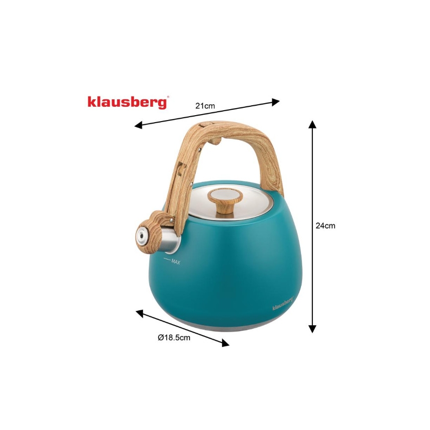 Kettle with whistle, stainless steel, Blue with Wooden Handle, 2 – 4