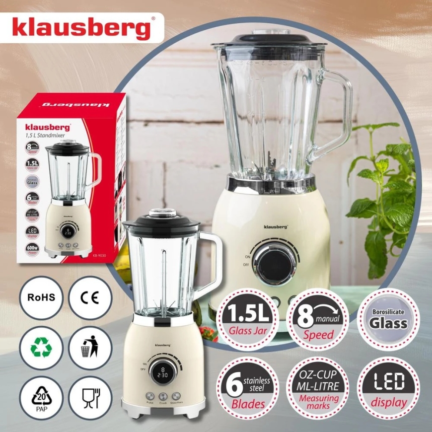 Klausberg Mikseris, LED ekrāns, kokteiļu mikseris sasmalcina ledu, 1,5 l – 5
