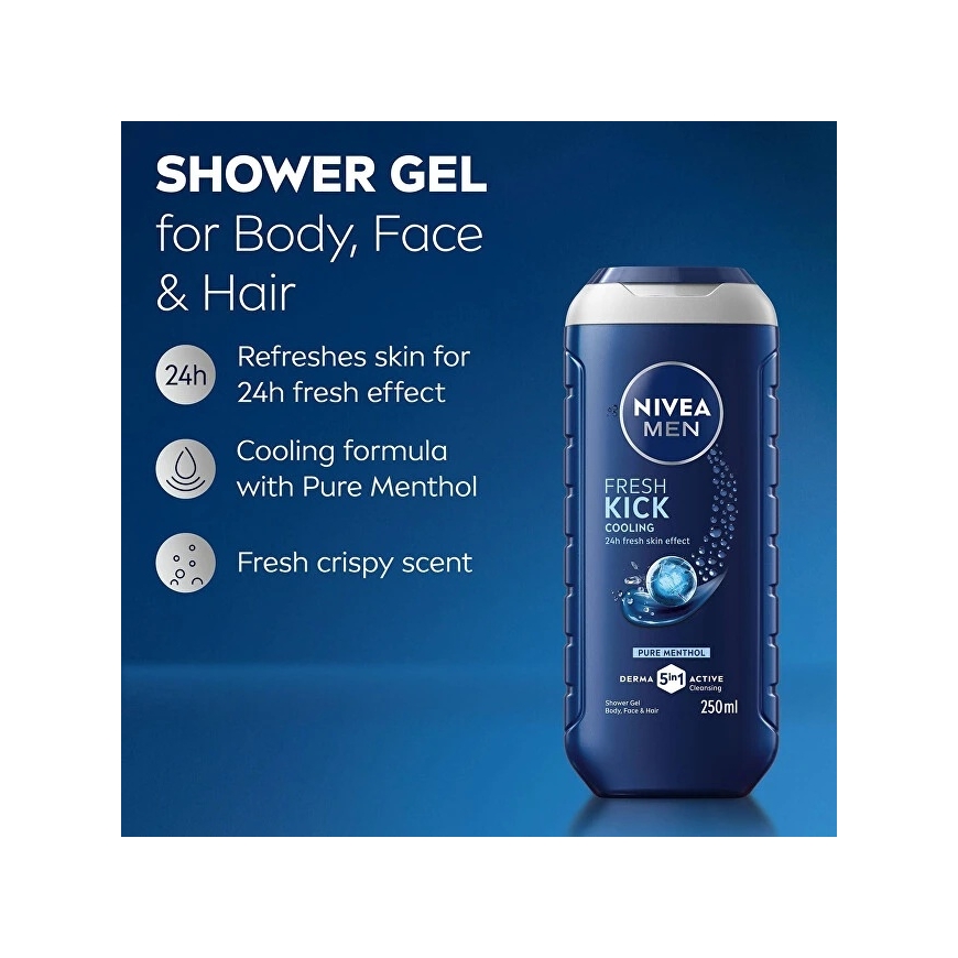 Nivea „Men Fresh Kick“ dušo želė veidui, kūnui ir plaukams, 250 ml
