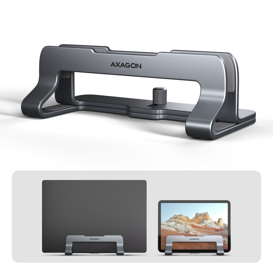 Axagon STND-VG Aluminum stand for vertical insertion of laptops 10"–17.3". Adjustable slot width 9.5