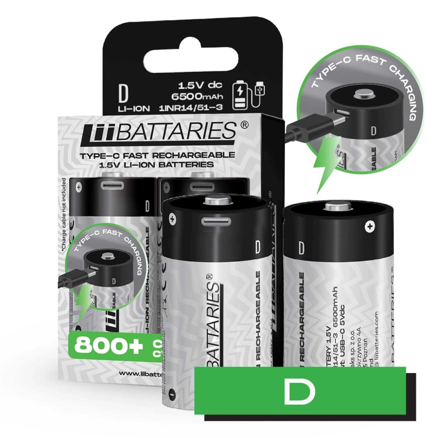 Аккумуляторы Liibattaries USB-C Перезаряжаемые литий-ионные LR20 D 6500mAh (2шт) – 3