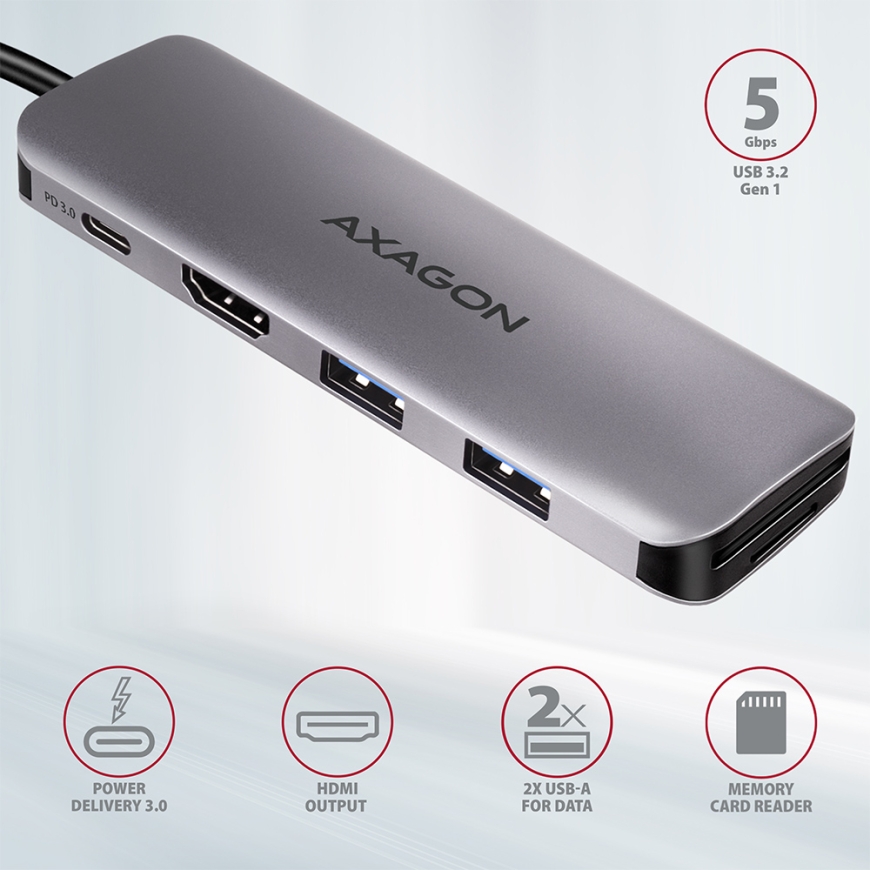 Axagon HMC-5 knyginių kompiuterių dokas / jungčių replikatorius Vielinis USB 3.2 Gen 1 (3.1 Gen 1) T – 3