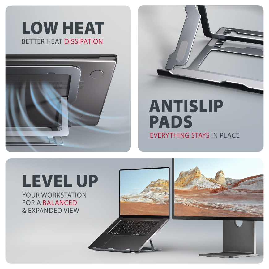 Axagon STND-LAG Aluminum stand for laptops size 10"–17.3". Eight adjustable height and angle. Grey v – 3