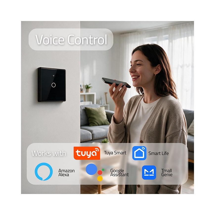 Qoltec 52711 Smart Touch 1-Gang Light Switch | Wi-Fi | Timer | Tuya | Smart Life | Tempered Glass | Black – 4