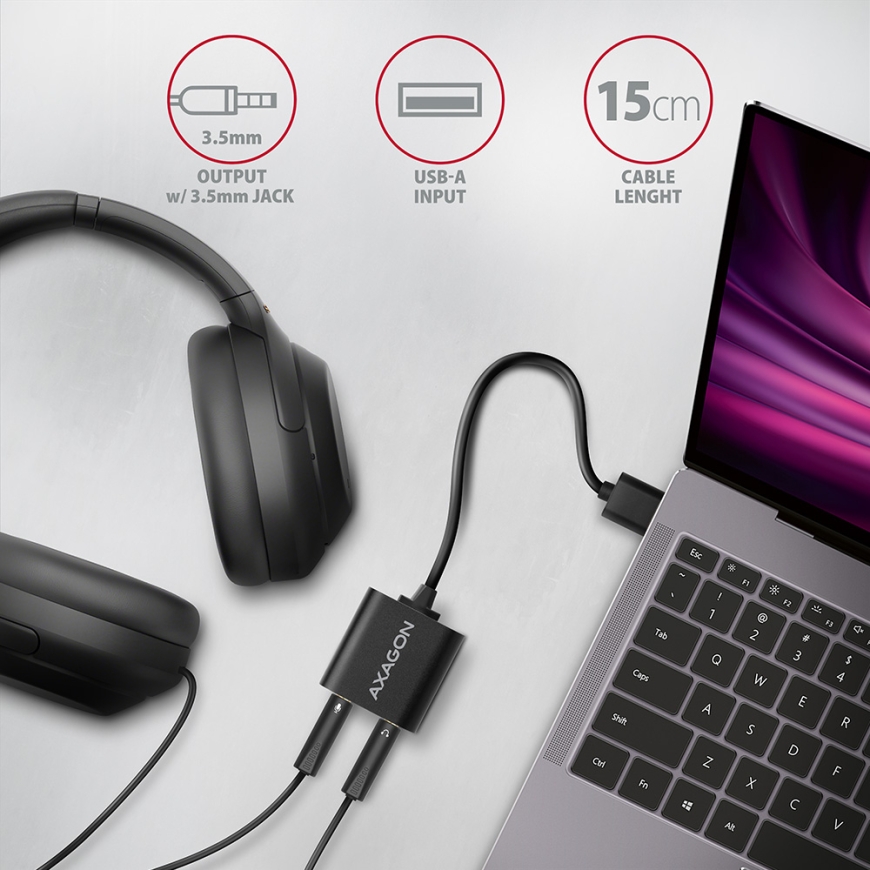 Axagon ADA-12 USB 2.0 Stereo Audio Mini-Adapter 15 cm Kabellänge - Kabel - Audio/Multimedia 2.0 kanā – 3