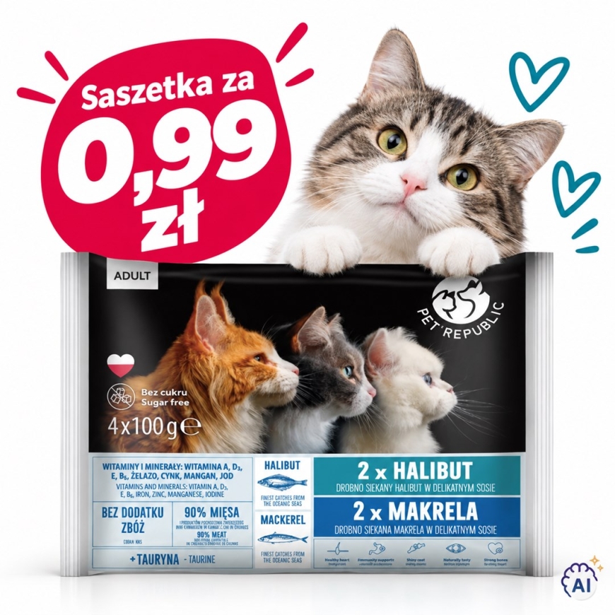 PETREPUBLIC Pieaugušo halibuta un skumbrijas kaste – mitrā kaķu barība – 4x100g