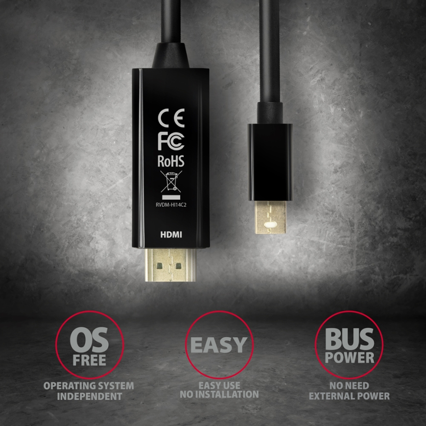 Axagon RVDM-HI14C2 Mini-DisplayPort zu HDMI Adapterkabel 4K/30 Hz 180 cm lang - Kabel - Digital/Disp – 5