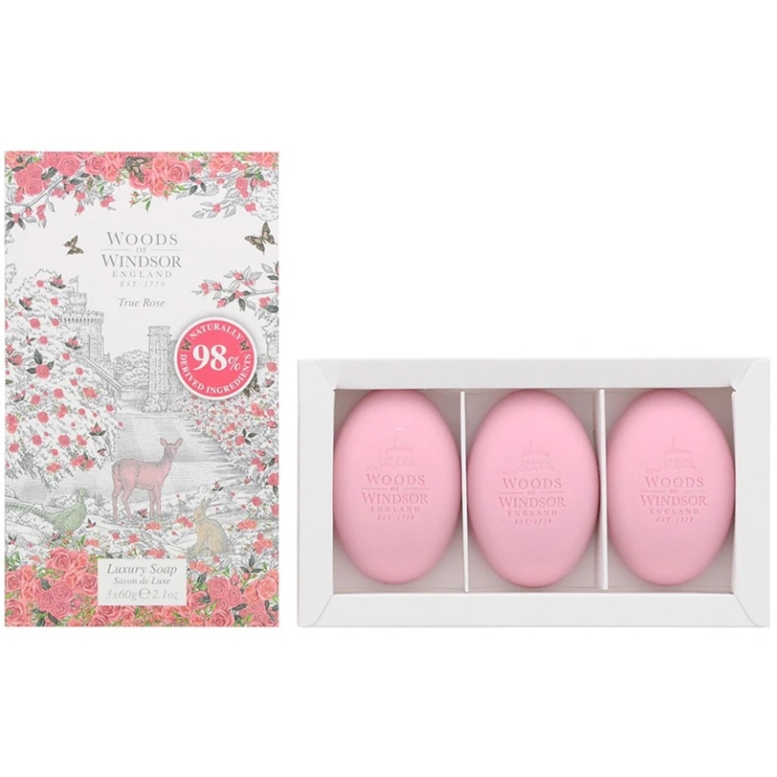Trio Woods Of Windsor True Rose niisutav massaažiseep palmisisaldusega, 3 tk, 60 g