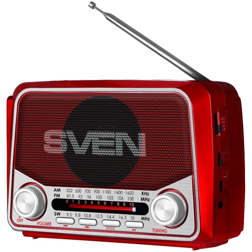 Kaiutin SVEN SRP-150, punainen (3W, Bluetooth, FM/AM/SW, USB, microSD, taskulamppu, akku)