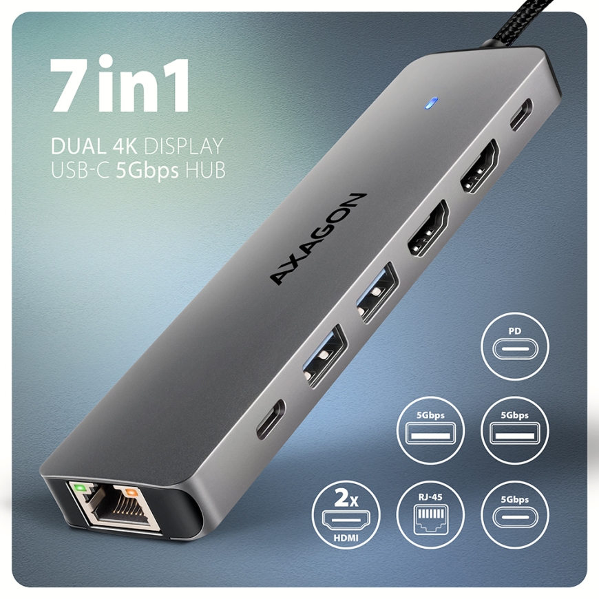 Axagon HMC-7HX2 sülearvuti dokk ja pordireplikaator Juhtmega ühendatud USB 3.2 Gen 1 (3.1 Gen 1) Typ – 4
