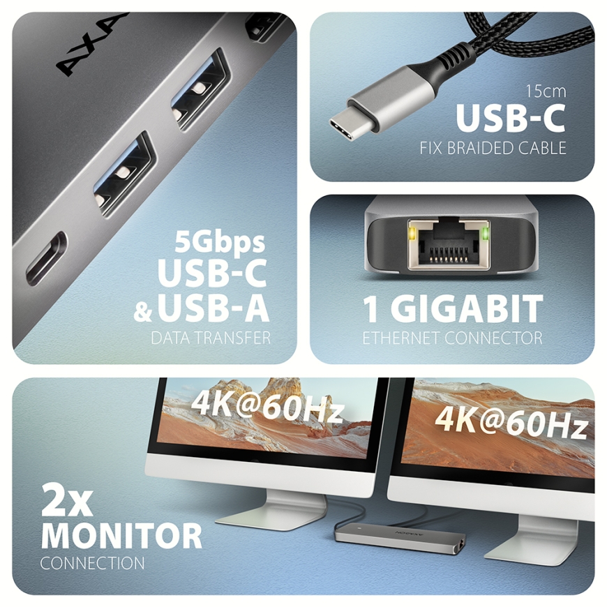 Axagon HMC-7HX2 sülearvuti dokk ja pordireplikaator Juhtmega ühendatud USB 3.2 Gen 1 (3.1 Gen 1) Typ – 5
