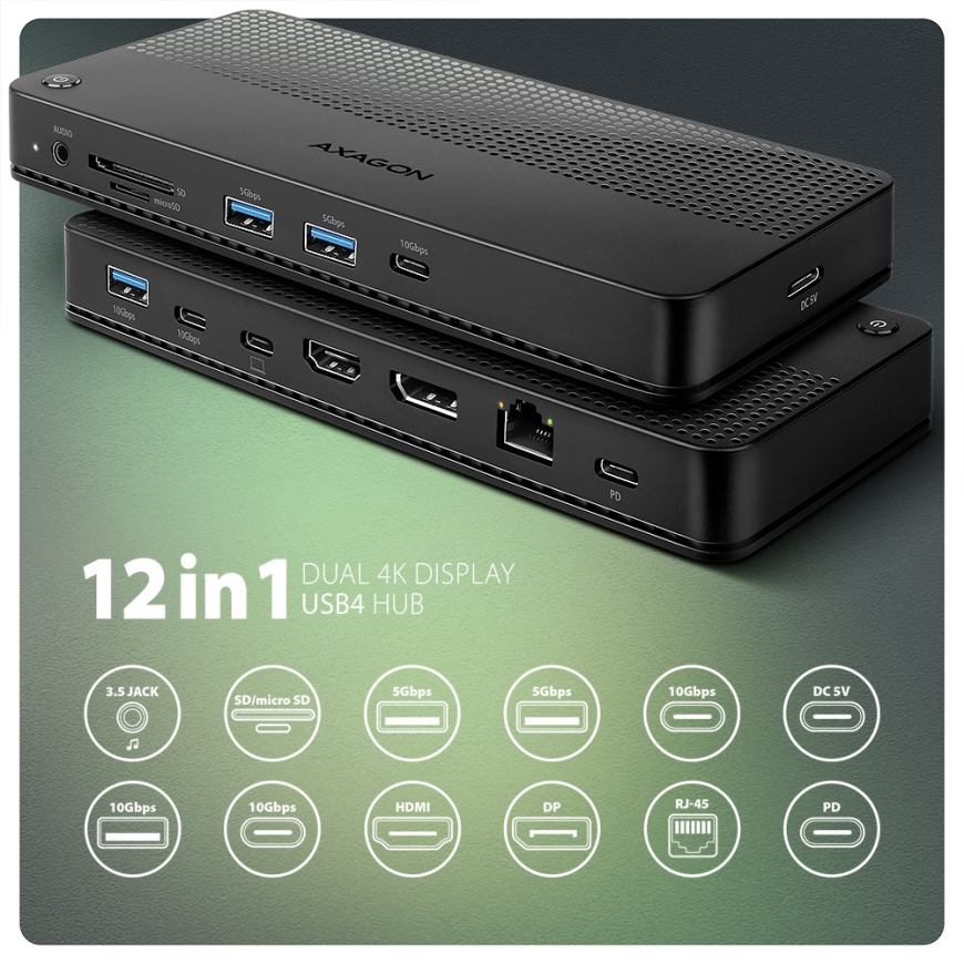 Axagon HMC-U4 kannettavien tietokoneiden telakka ja porttitoistin Langallinen USB4 Musta – 3