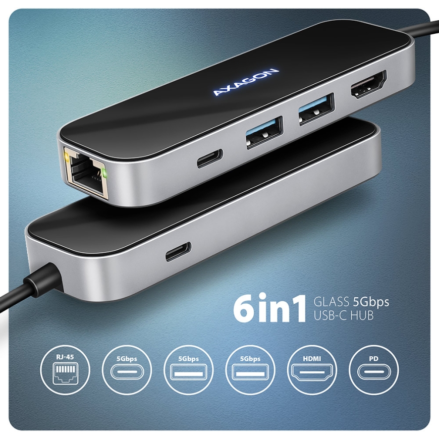 Axagon HMC-6GLN kannettavien tietokoneiden telakka ja porttitoistin Langallinen USB 3.2 Gen 1 (3.1 G – 4