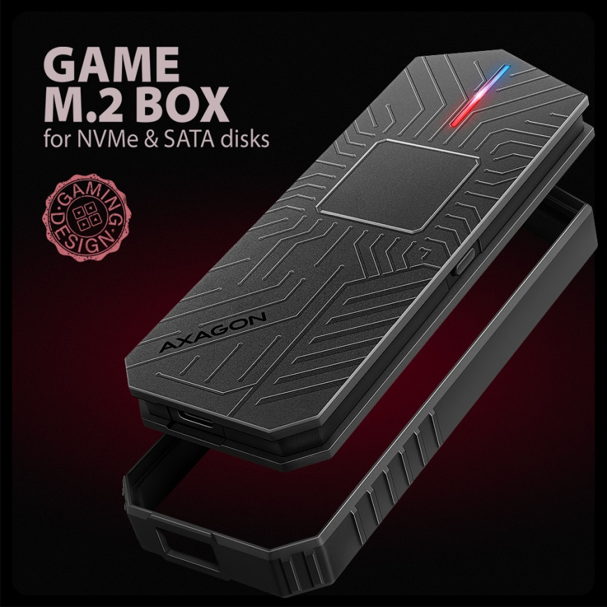 Axagon EEM2-GAM, USB-C 10Gbps - NVMe & SATA SSD GAME M.2 box, bezšroubkový SSD-kotelo Musta – 4