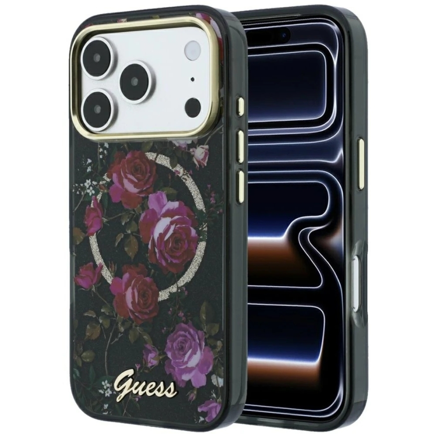 Guess IML Glitter Blossom Roses MagSafe Case for iPhone 18 Pro Max / 17 Pro Max Black