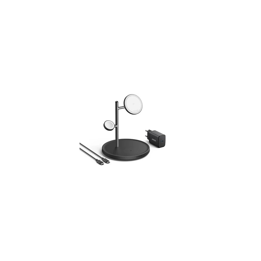 Anker MagGo Wireless Charging Station (15W, 3-in-1 Stand) with cable and charger bundle | B25M3312