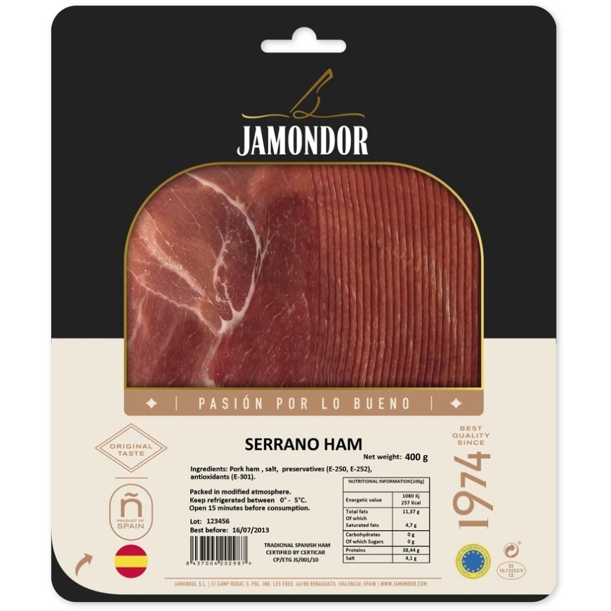 Jamondor Serrano sink, viilutatud, kõrge kvaliteediga, 400g – 2