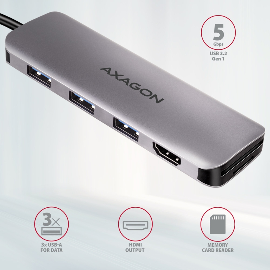 Axagon HMC-HCR3A 3x USB-A+ HDMI+ SD/microSD USB-C 3.2 Gen 1 hub 20cm Juhtmega ühendatud USB 3.2 Gen – 2