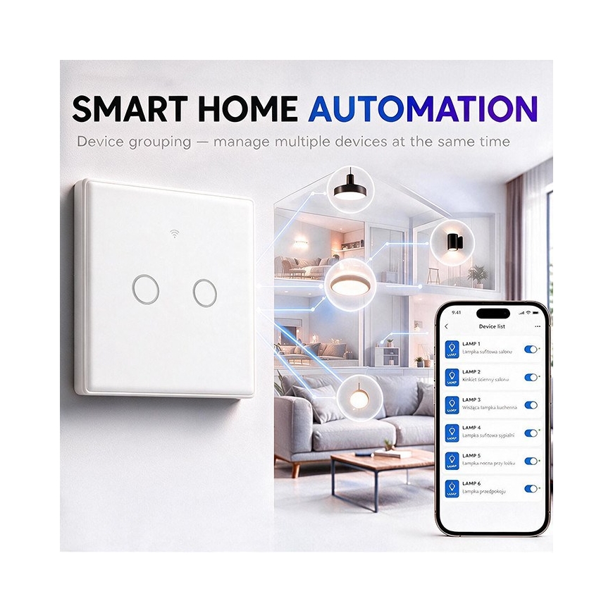 Qoltec 52716 Išmanusis Jutiklinis 2-kanalinis Šviesos Jungiklis | Wi-Fi | Laikmatis | Tuya | Smart Life | Temperuotas Stiklas | – 2