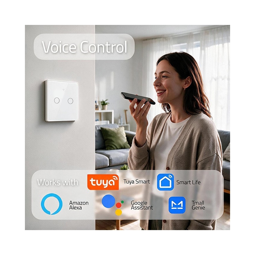 Qoltec 52716 Nutikas Puutetundlik 2-kanaline Valguse Lüliti | Wi-Fi | Taimer | Tuya | Smart Life | Klaas | Valge – 4