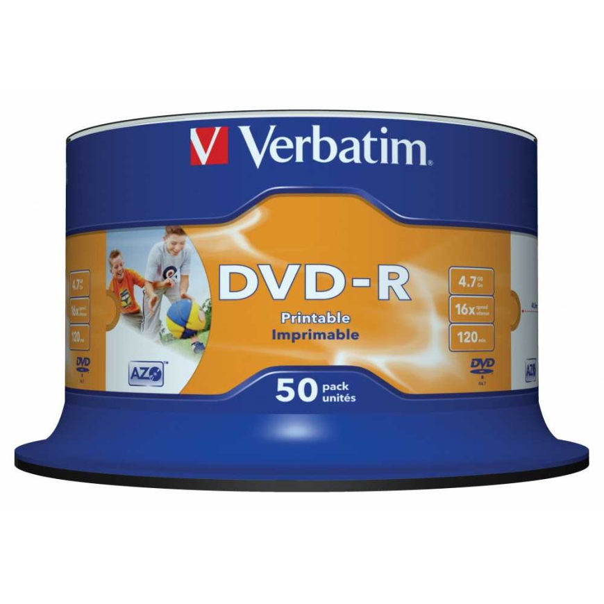 Классические DVD-R Verbatim для печати 4.7ГБ, упаковка 50 штук