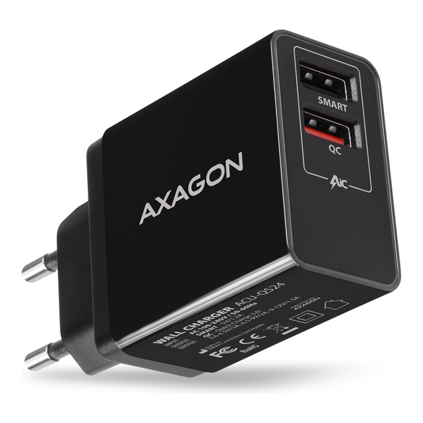 Axagon ACU-QS24 mobiililaitteen laturi Älypuhelin Musta AC Pikalataus Sisätila