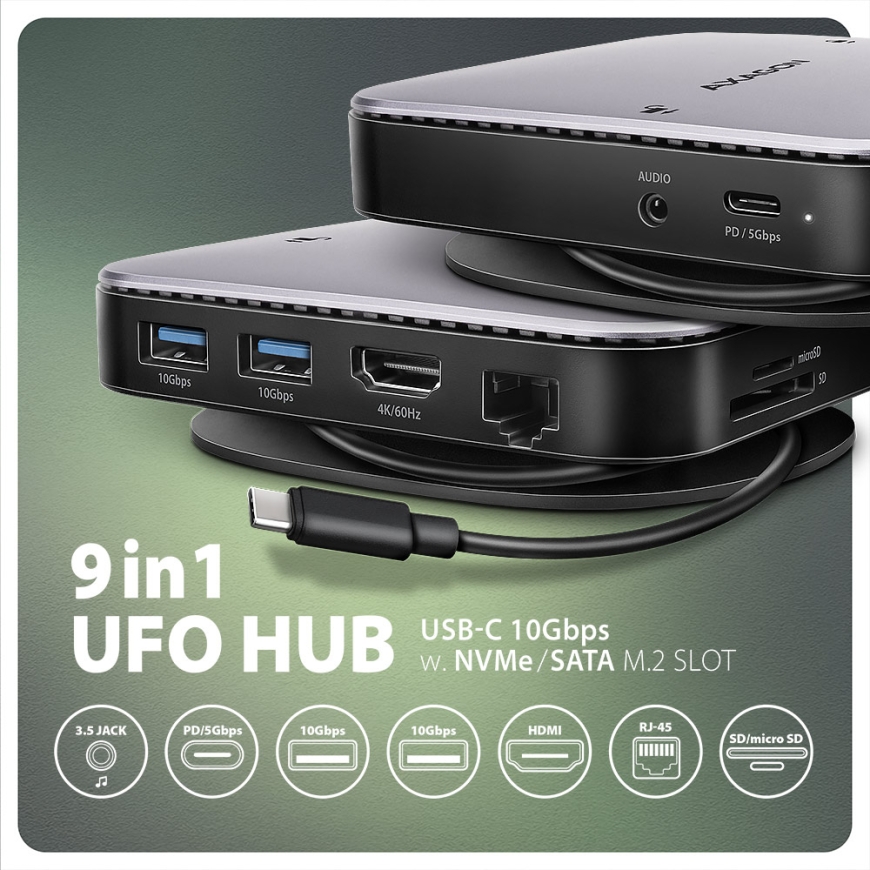 Axagon HMC-UFO USB-C Hub M.2 SATA/NVMe 1 Gbit/s Ethernet 384 kHz Audio Проводная USB 3.2 Gen 2 (3.1 – 4