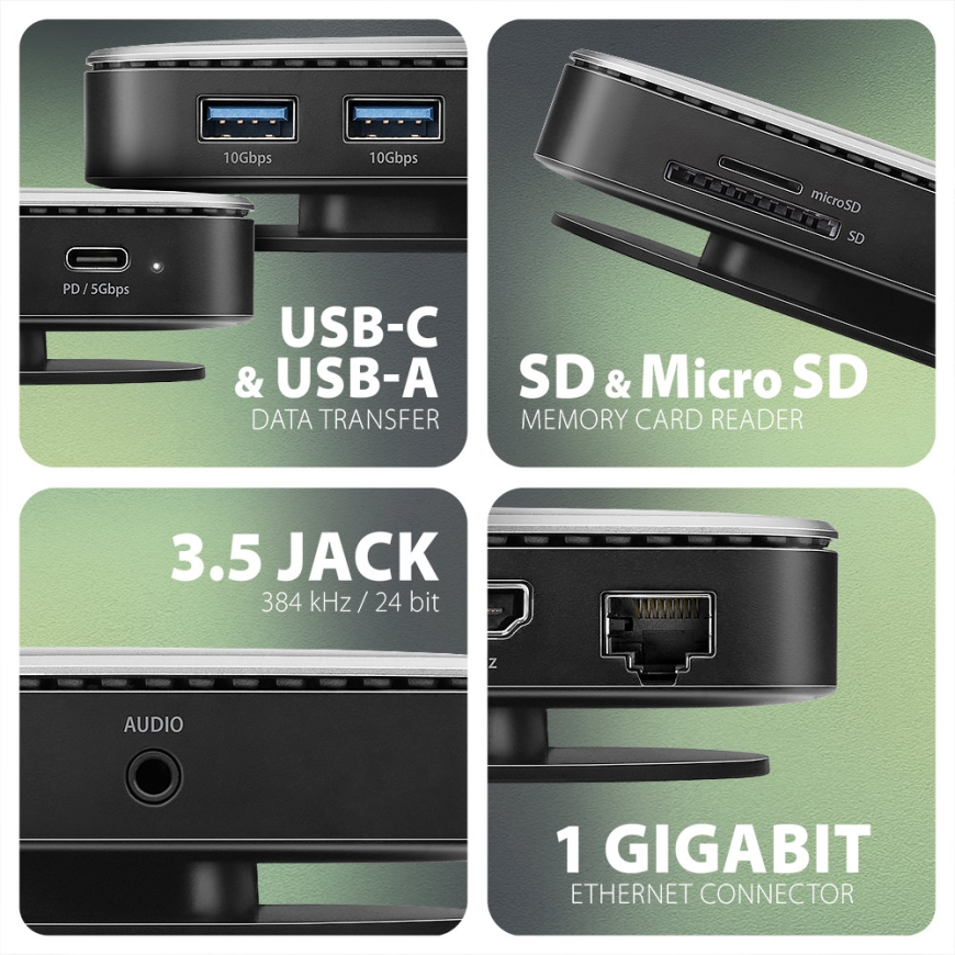 Axagon HMC-UFO USB-C Hub M.2 SATA/NVMe 1 Gbit/s Ethernet 384 kHz Audio Проводная USB 3.2 Gen 2 (3.1 – 5